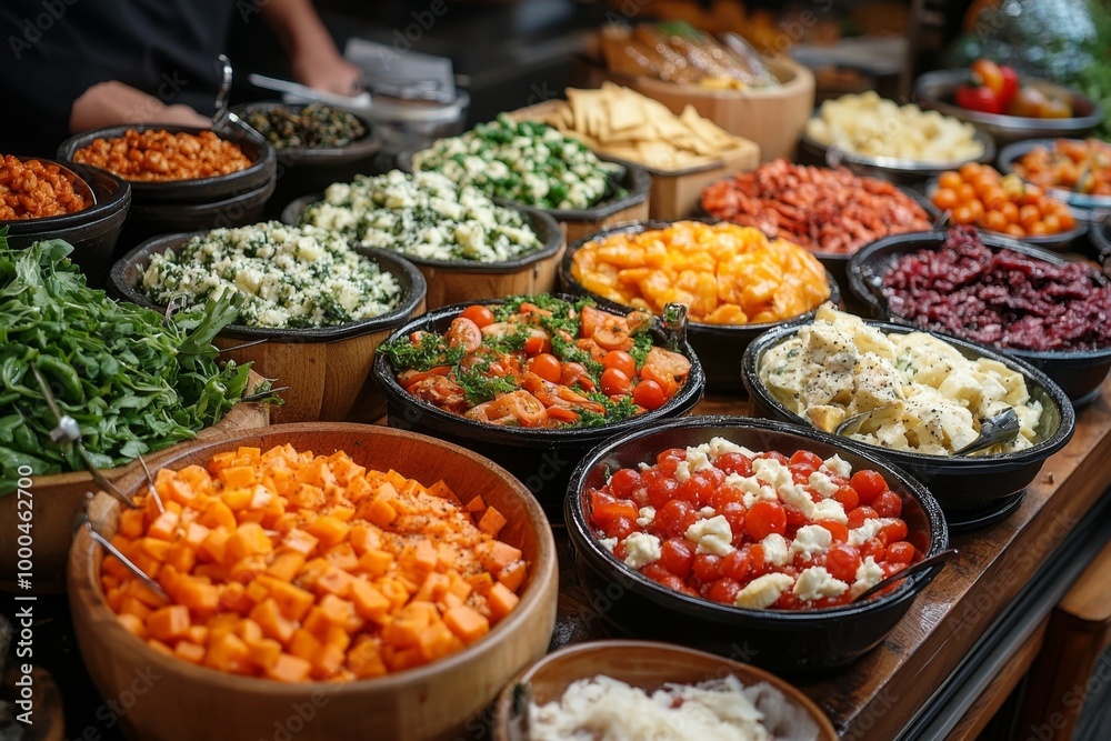 Variety of culinary delights. Teasty food in a salad bar at a restaurant. Selective focus Variety of culinary delights. Teasty food in a salad bar at a restaurant. Selective focus