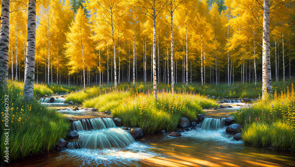 Autumn landscape - view of a river with a cascade of waterfalls in a birch forest. Created using generative AI tools