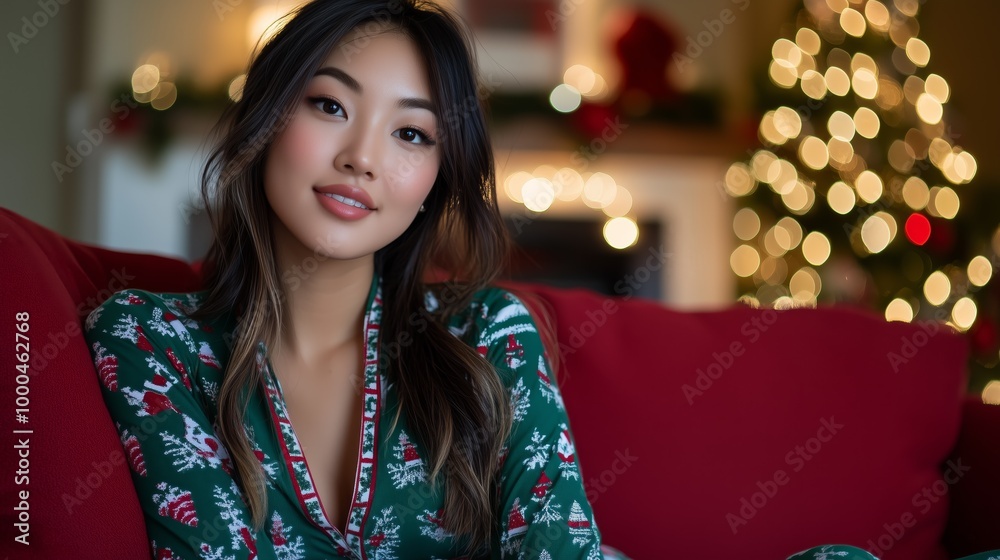 beautiful Asian woman in a fair isle Christmas themed pyjamas posing on a red couch, Christmas tree in the background beautiful Asian woman in a fair isle Christmas themed pyjamas posing on a red couch, Christmas tree in the background