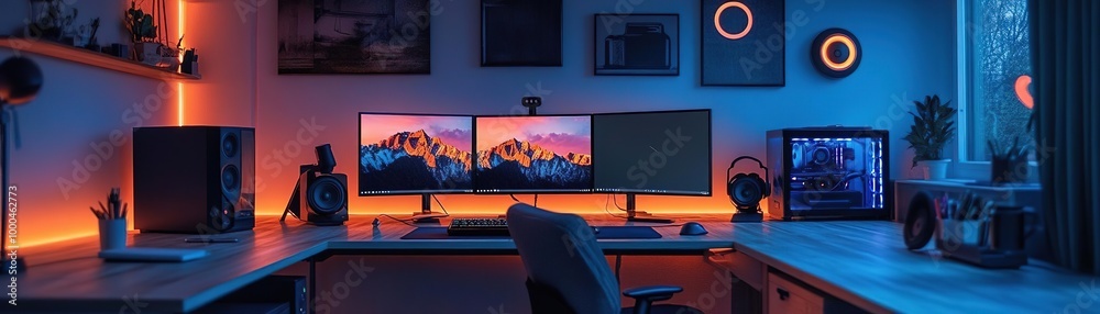 A modern workspace with two monitors illuminated by ambient lighting, creating a vibrant and productive environment. A modern workspace with two monitors illuminated by ambient lighting, creating a vibrant and productive environment.