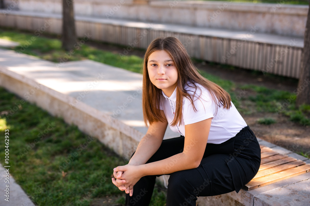 A 16-year-old girl in a school uniform sits on the steps of the street A 16-year-old girl in a school uniform sits on the steps of the street