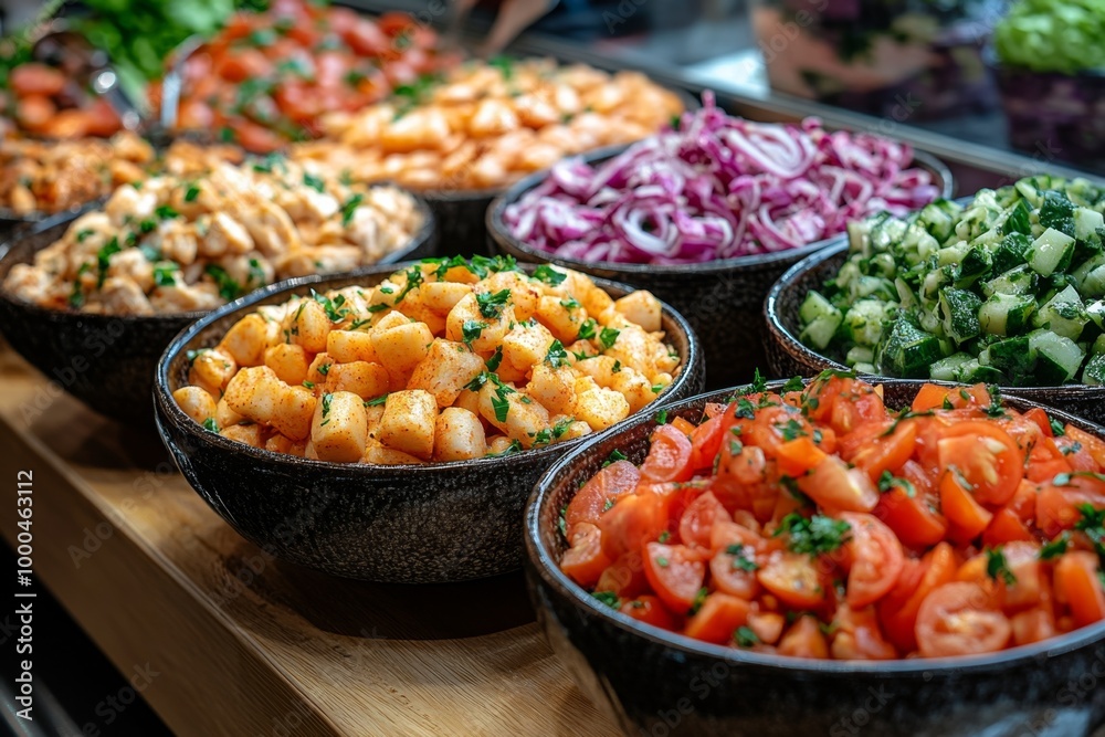 Variety of culinary delights. Teasty food in a salad bar at a restaurant. Selective focus Variety of culinary delights. Teasty food in a salad bar at a restaurant. Selective focus