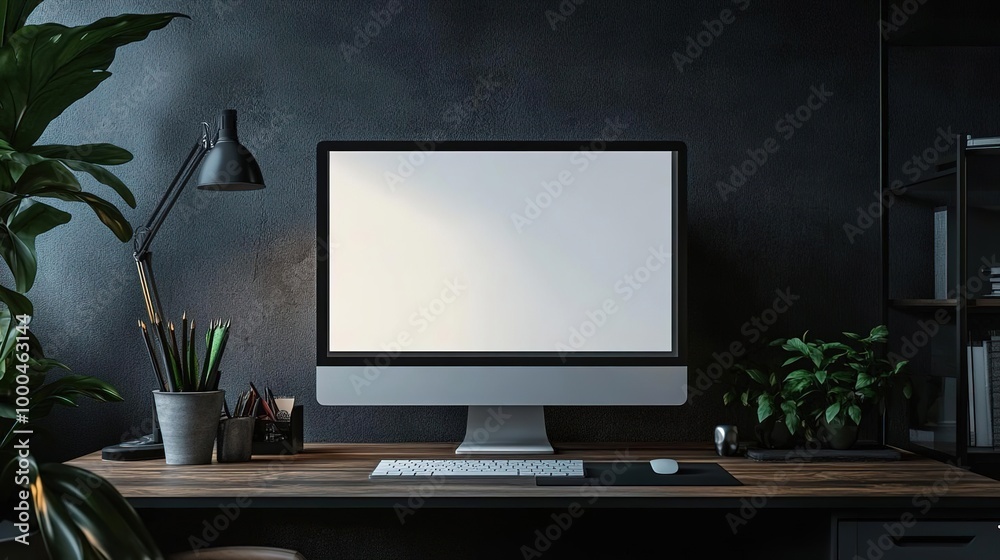 Stylish workspace featuring a modern computer setup, plants, and minimalistic decor, perfect for creativity and productivity.