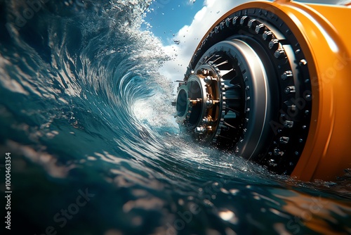 Hyper-realistic shot of a tidal energy turbine underwater, with the swirling currents of the ocean and fine details of the turbineâ€™s mechanics photo