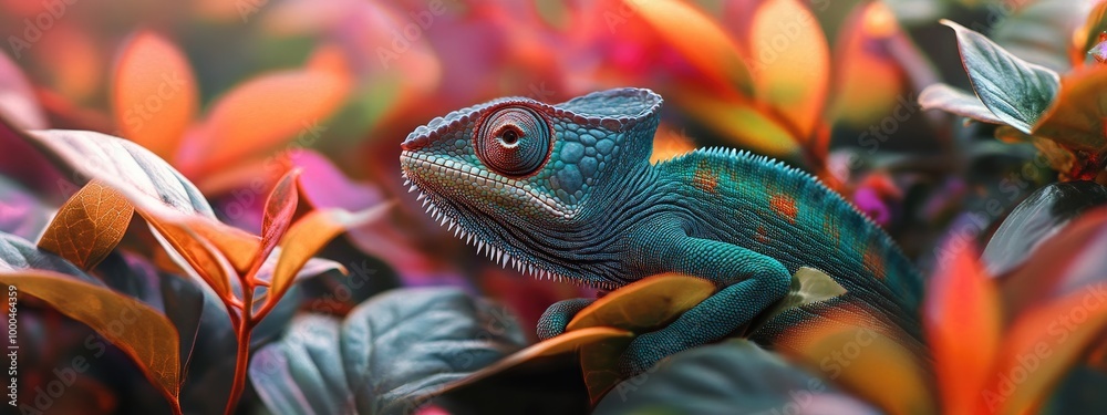 Close-Up of a Chameleon Blending into a Vibrant Background of Leaves and Flowers Close-Up of a Chameleon Blending into a Vibrant Background of Leaves and Flowers