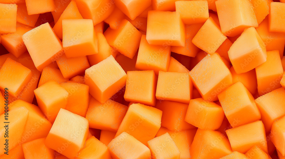 a close-up, top-down view of diced cantaloupe spread across the entire frame, filling the image with their soft orange color and smooth texture in uniform cubes a close-up, top-down view of diced cantaloupe spread across the entire frame, filling the image with their soft orange color and smooth texture in uniform cubes