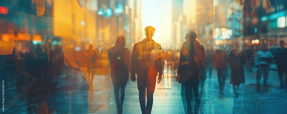 A bustling urban scene with abstract figures walking, creating a dynamic atmosphere filled with color and energy. A bustling urban scene with abstract figures walking, creating a dynamic atmosphere filled with color and energy.