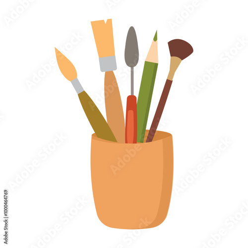 Art Supply, Craft Paintbrush or Artist Brushes and Sharpened Pencils in Glass Jar for Drawn and Paint A Picture Isolated on White Background. Sign for Welcome Back to School