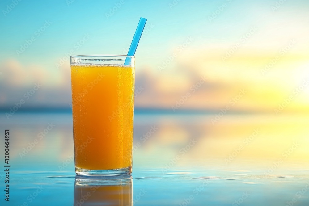 Glass of orange juice with a straw set against a beach backdrop at sunrise capturing the warmth and refreshment of a morning tropical drink Glass of orange juice with a straw set against a beach backdrop at sunrise capturing the warmth and refreshment of a morning tropical drink