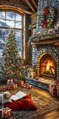 Family reading 'Twas the Night Before Christmas' on Christmas Eve, cozy by fireplace, tree twinkling in background, dog sleeping nearby photo