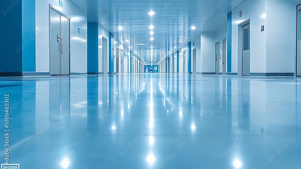 Empty hospital corridor with bright lights, blue tiled floors, and white walls, concept of healthcare, sterile, and clean Empty hospital corridor with bright lights, blue tiled floors, and white walls, concept of healthcare, sterile, and clean