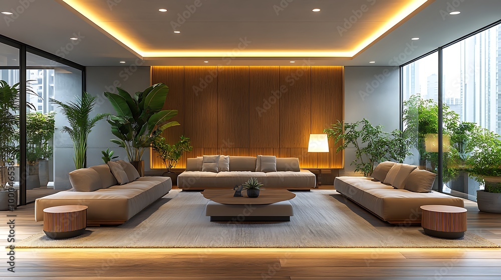 Fototapeta premium Modern living room interior design with warm lighting, wooden floors, and large windows.