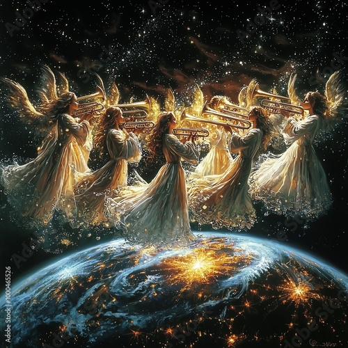 Ethereal scene of angels heralding Christmas Eve, trumpets blowing, stars twinkling brightly, earth glowing below