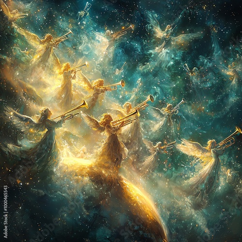 Ethereal scene of angels heralding Christmas Eve, trumpets blowing, stars twinkling brightly, earth glowing below