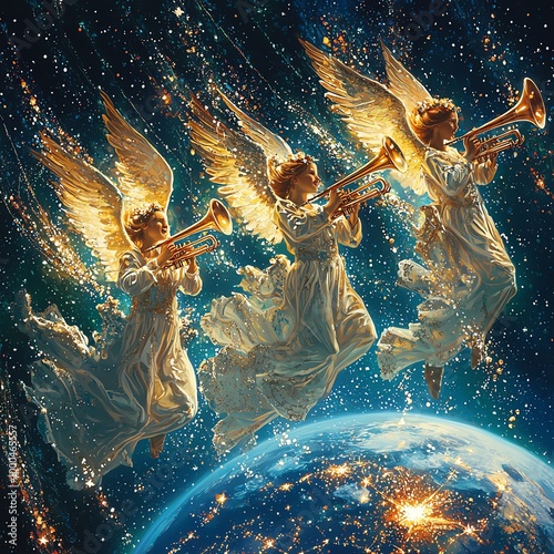 Ethereal scene of angels heralding Christmas Eve, trumpets blowing, stars twinkling brightly, earth glowing below