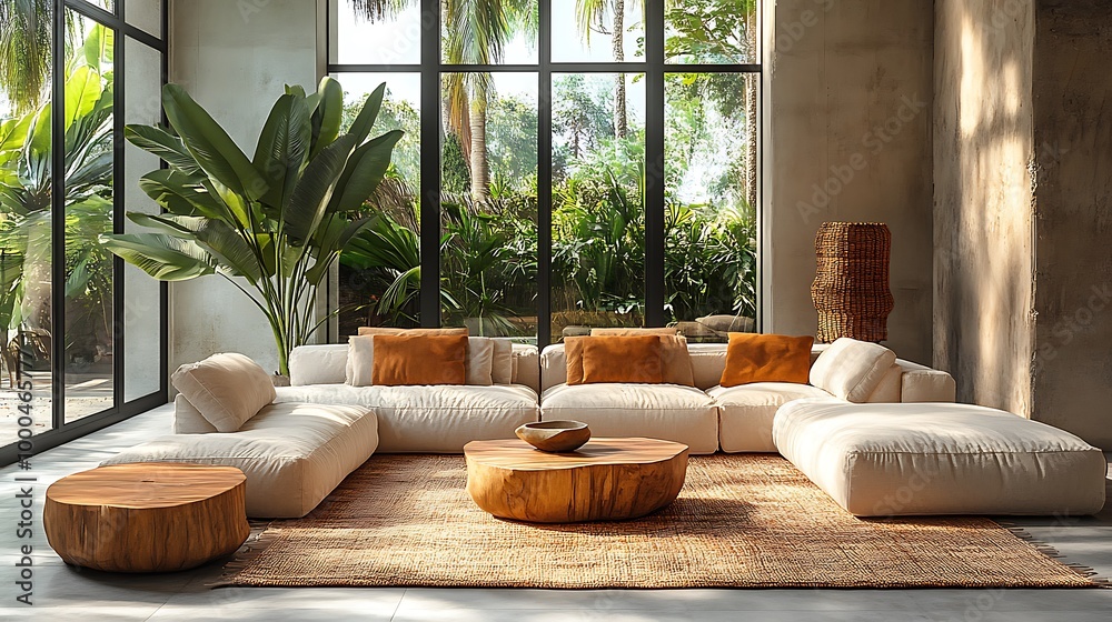 Modern living room with large sectional sofa, coffee table, and plants by the window. Modern living room with large sectional sofa, coffee table, and plants by the window.