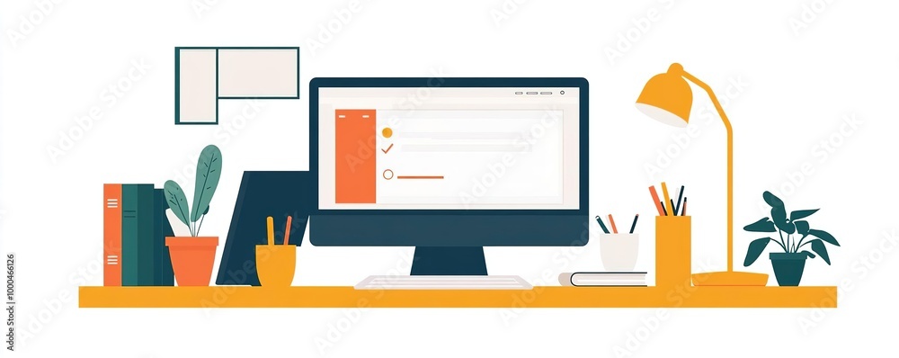 A modern workspace featuring a computer, desk lamp, plants, and stationery, perfect for productivity and creativity. A modern workspace featuring a computer, desk lamp, plants, and stationery, perfect for productivity and creativity.