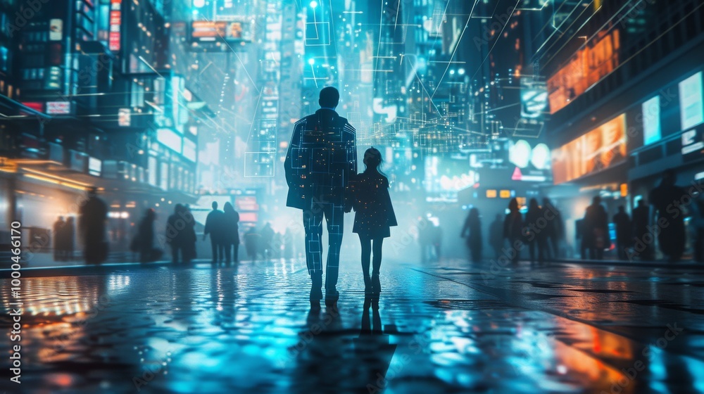 Two silhouetted figures walk through a glowing, futuristic cityscape ...