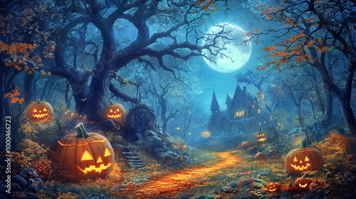 Mysterious forest with a moonlit path fog and a Halloween backdrop hint