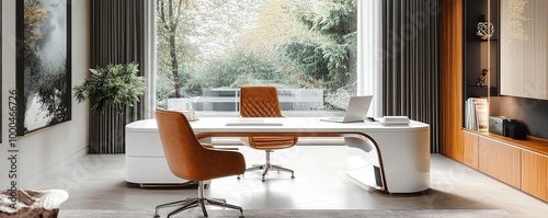 A modern office interior featuring a sleek desk and stylish chair, surrounded by nature and natural light for a productive atmosphere. photo