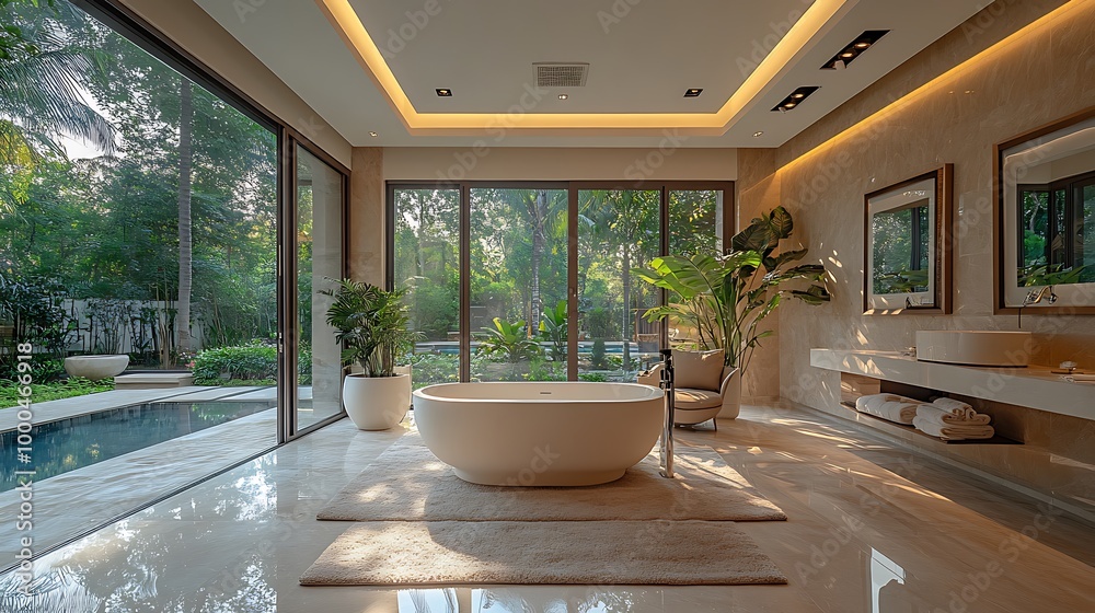 Fototapeta premium Modern bathroom interior design with freestanding bathtub and large windows overlooking backyard pool