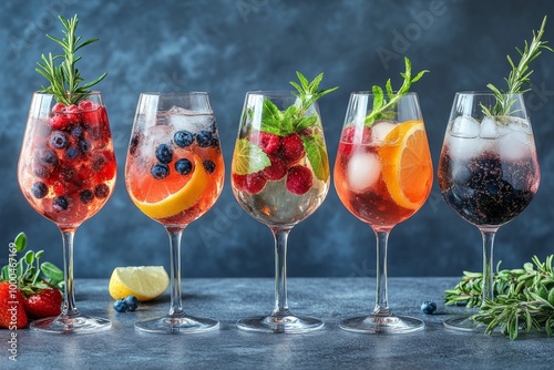 Row of six glasses of sangria with fruit and herb garnishes set against a dark blue background with cool tones capturing the vibrant and refreshing energy of a summer party