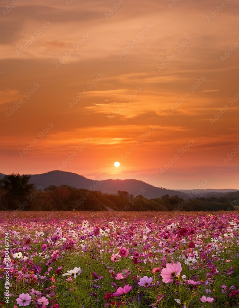 Fototapeta premium 秋の夕暮れ時、オレンジ色に染まる空の下に広がるコスモス畑。風に揺れるピンクや白の花が面に咲き乱れ、遠くには沈みゆく夕日がゆっくりと空を染めていく 