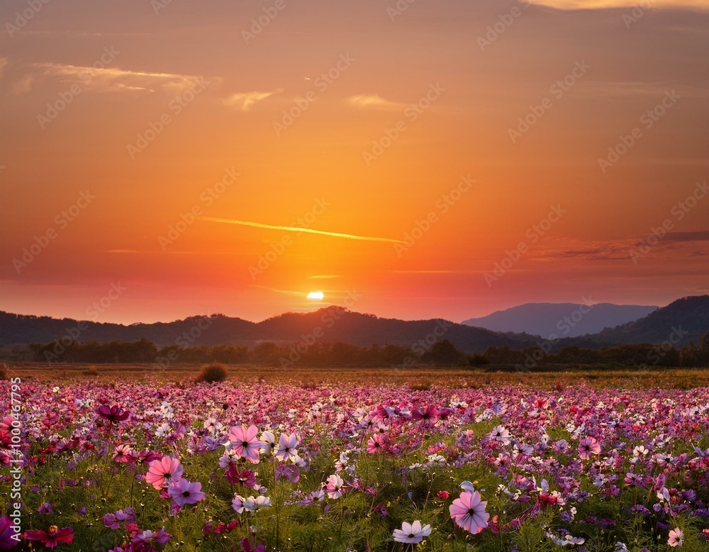  秋の夕暮れ時、オレンジ色に染まる空の下に広がるコスモス畑。風に揺れるピンクや白の花が面に咲き乱れ、遠くには沈みゆく夕日がゆっくりと空を染めていく 
