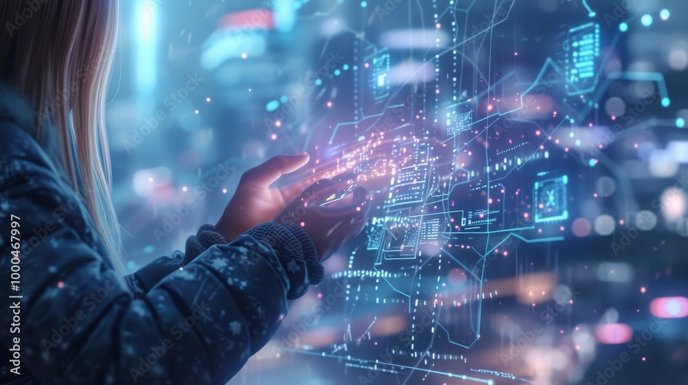 Close-up of hands manipulating a digital interface filled with complex data visualizations. The glowing network and futuristic elements depict the evolution of modern technology and human interaction Close-up of hands manipulating a digital interface filled with complex data visualizations. The glowing network and futuristic elements depict the evolution of modern technology and human interaction