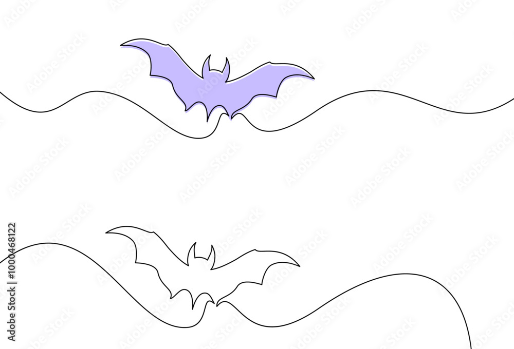 Two bats depicted in minimalist line art, with one highlighted in purple. Vector illustration for Halloween or abstract designs. Two bats depicted in minimalist line art, with one highlighted in purple. Vector illustration for Halloween or abstract designs.
