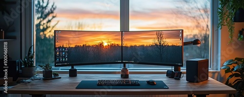 A stunning view of a dual monitor setup at sunset, creating an inspiring workspace filled with natural light and tranquility. photo