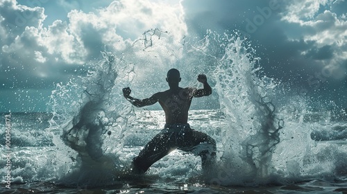 Silhouette of a Man in a Powerful Pose Splashing Water on the Beach