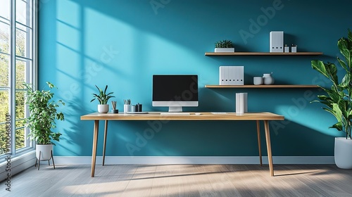 Stylish home office with a modern desk, computer, plants, and vibrant blue wall, perfect for productivity and inspiration.