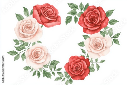 Beautiful floral wreath with red and pink roses on a white background.