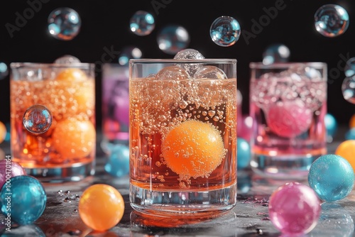 Close up of three cocktail glasses filled with colorful liquids surrounded by bubbles and glowing party lights capturing a playful and vibrant celebration scene photo