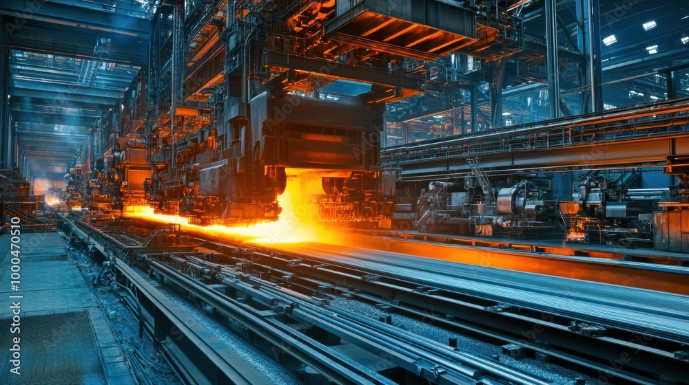Molten metal moves through a forging process in a large industrial factory, showcasing intense heat and advanced heavy manufacturing techniques.
Molten metal moves through a forging process in a large industrial factory, showcasing intense heat and advanced heavy manufacturing techniques.