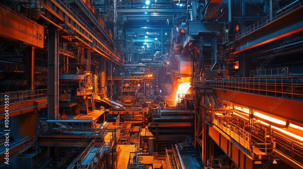 Molten metal moves through a forging process in a large industrial factory, showcasing intense heat and advanced heavy manufacturing techniques.
Molten metal moves through a forging process in a large industrial factory, showcasing intense heat and advanced heavy manufacturing techniques.