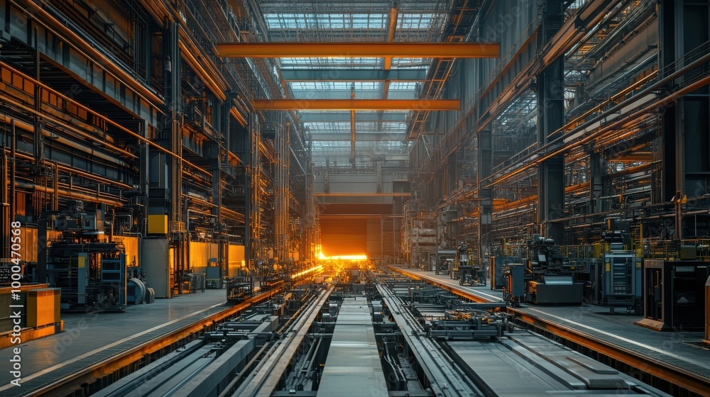 A vast industrial factory focused on large-scale steel production, with glowing furnaces and heavy machinery, showcasing advanced metal manufacturing processes.
