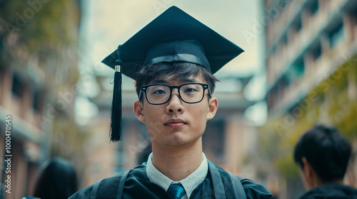 Serious Asian male graduate in cap and gown stands on campus. Square glasses frame intense gaze. Academic buildings in background symbolize educational journey and future prospects. photo