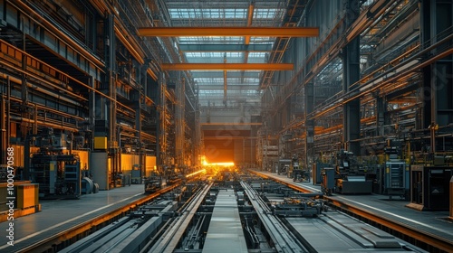 A vast industrial factory focused on large-scale steel production, with glowing furnaces and heavy machinery, showcasing advanced metal manufacturing processes. 