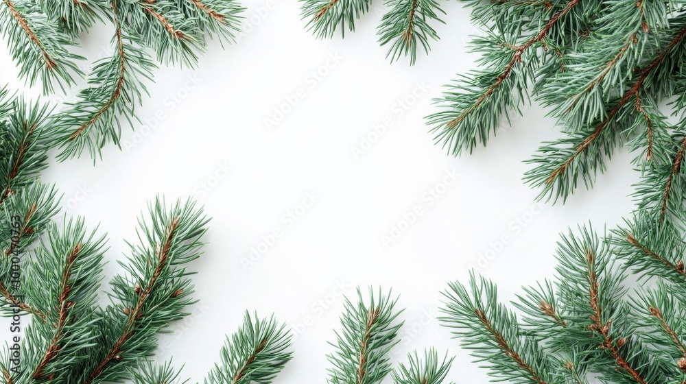 Isolated green pine branches with dense needles creating a natural frame on a white background, perfect for festive decoration and design elements Isolated green pine branches with dense needles creating a natural frame on a white background, perfect for festive decoration and design elements