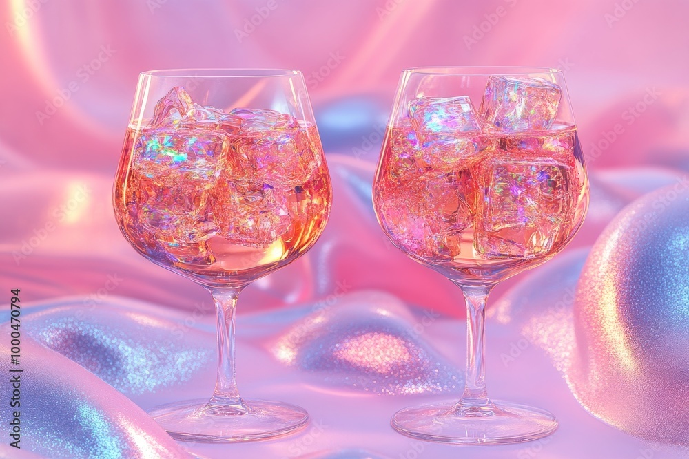 Two Aperol Spritz glasses filled with ice placed on a shimmering silk surface illuminated by vibrant pink and blue lighting capturing the luxurious appeal of the cocktail Two Aperol Spritz glasses filled with ice placed on a shimmering silk surface illuminated by vibrant pink and blue lighting capturing the luxurious appeal of the cocktail