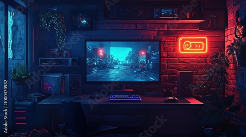 Cozy gaming setup with neon lights and a large monitor displaying a vibrant cityscape, perfect for gamers and tech enthusiasts.