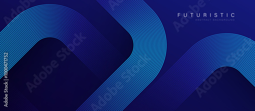 Abstract futuristic blue background with blue glowing geometric lines. Shiny blue rounded square lines pattern. Modern technology concept. Suit for poster, banner, business, corporate, website