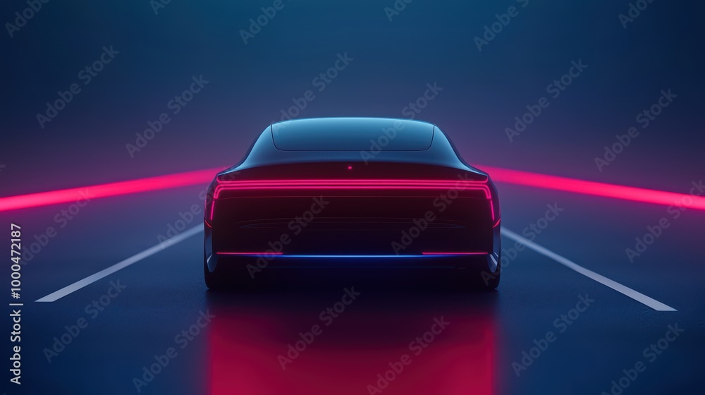 Naklejka premium Futuristic car design with neon lights in a dimly lit environment.