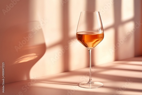 Single wine glass filled with Aperol Spritz casting a soft shadow set against a warm toned background with sunlight filtering through evoking a peaceful and relaxing afternoon vibe