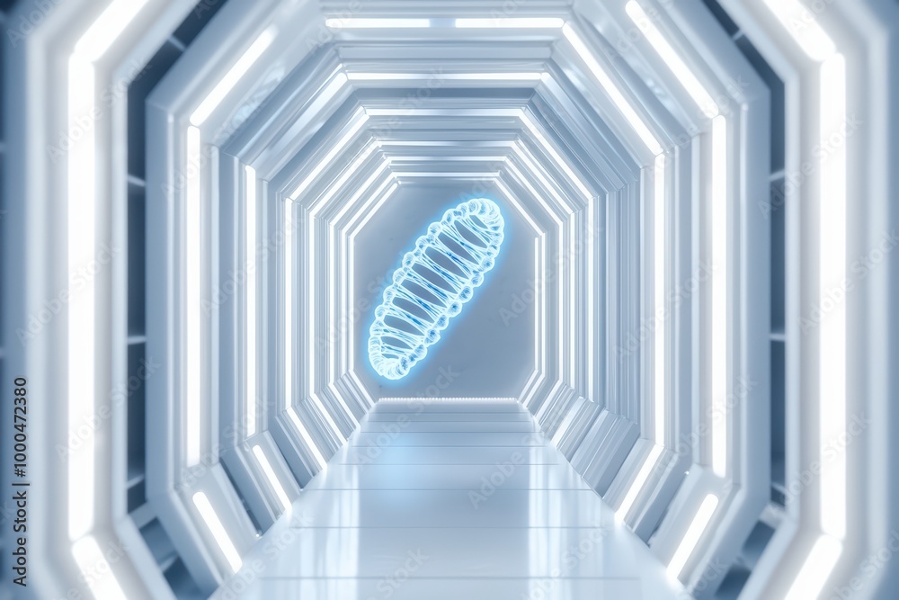 Obraz premium Futuristic corridor with glowing neon elements and sleek lines.