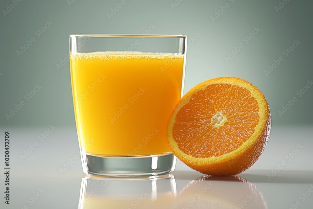 Glass of fresh orange juice placed next to a whole orange set on a reflective surface with soft diffused lighting showcasing a healthy and refreshing morning beverage Glass of fresh orange juice placed next to a whole orange set on a reflective surface with soft diffused lighting showcasing a healthy and refreshing morning beverage