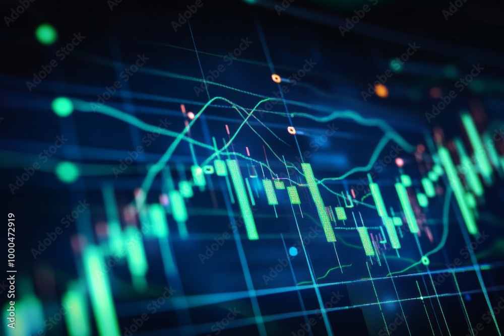 Close-up of a stock market graph on a dark blue screen, showing an upward trend with candlestick charts and green bar candles. Ideal for finance and investment themes. Close-up of a stock market graph on a dark blue screen, showing an upward trend with candlestick charts and green bar candles. Ideal for finance and investment themes.
