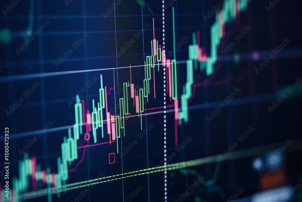 Close-up of a stock market graph on a dark blue screen, showing an upward trend with candlestick charts and green bar candles. Ideal for finance and investment themes. Close-up of a stock market graph on a dark blue screen, showing an upward trend with candlestick charts and green bar candles. Ideal for finance and investment themes.